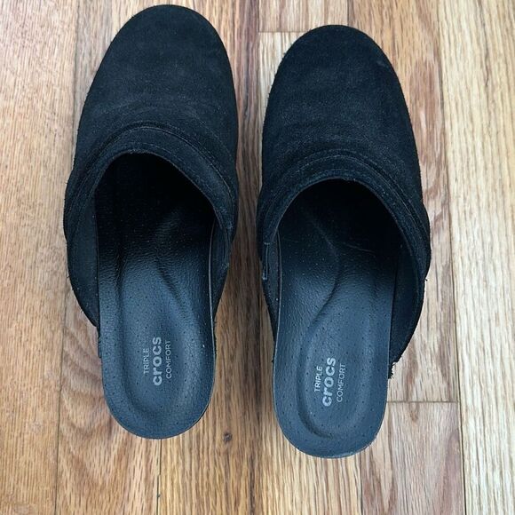 Crocs Women’s Sarah Black Suede Mules Clogs Triple Comfort Size 6 - Picture 4 of 8